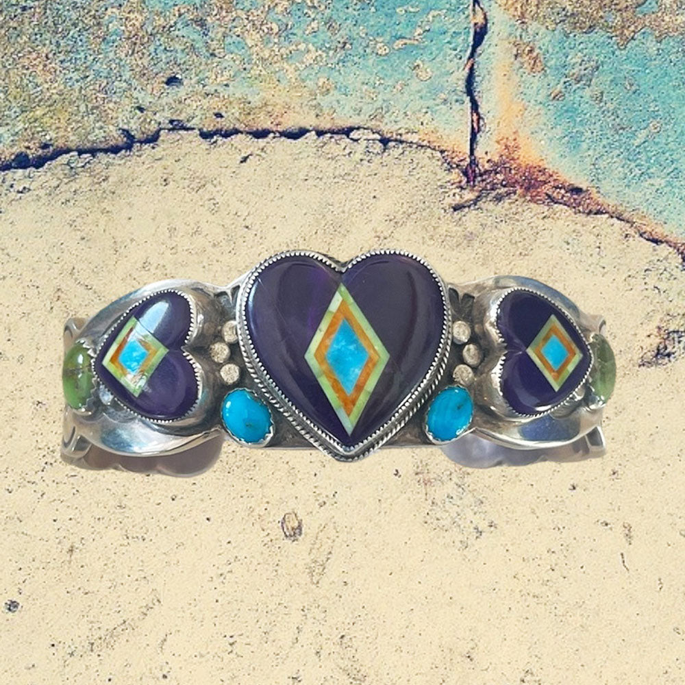 Sterling Silver Large Sugilite Hearts Inlay with Turquoise Hand Stamped Cuff Bracelet